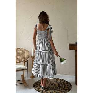 Vestido Negro a Rayas con Corte en A, Cintura Elástica, Cuello Cuadrado, Lazo Cruzado, Tejido Transpirable, Uso Diario Informal, Venta al Por Mayor - Product Image 1