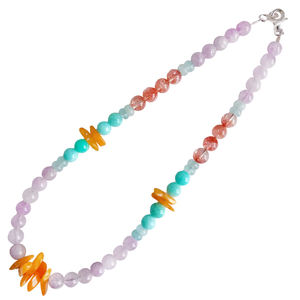 스포듀민 쿤자이트, 루틸쿼츠, 아마조나이트, 앰버, 밀키 블루 아쿠아마린 멀티 스톤 비즈 패션 목걸이 - Product Image 2