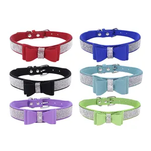 Collar de ante con diamantes de imitación para perros y gatos, brillante, cristal, lazo, diamantes