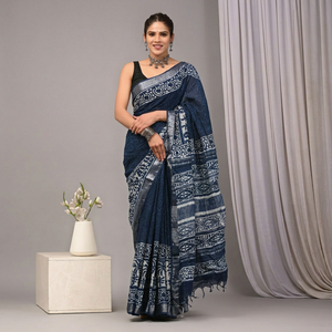 Sari de Algodón y Lino Premium con Estampado Artesanal para Mujer – Prenda Étnica India Tradicional, Suave y Transpirable - Product Image 1
