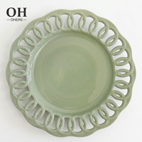 Assiettes creuses vintage vertes à motif floral en relief, service de table en porcelaine fait main, assiettes de présentation pour décoration de mariage et événements