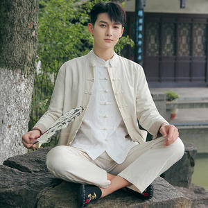 <span class=keywords><strong>Traje</strong></span> Tang Estilo Chino para Hombre, Conjunto de Tres Piezas, Diseño Sólido, Manga Larga, Cuello Alto, para Banquetes, Algodón y Lino, Primavera-Otoño - Product Image 3