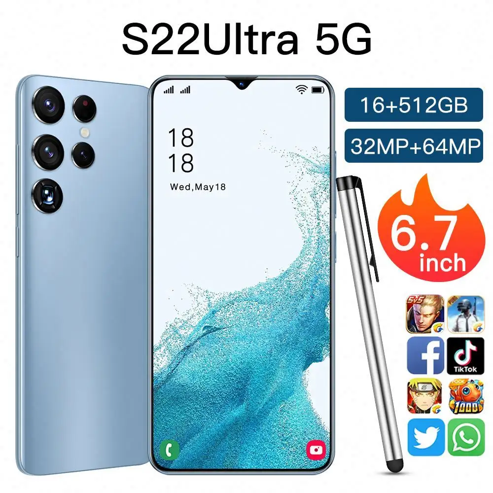 هاتف محمول ألعاب S22 + Ultra, هاتف محمول ألعاب أصلي عالي الجودة S22 + Ultra 6800mAh بطارية هاتف محمول Telefon النسخة العالمية هاتف محمول S22 + Ultra