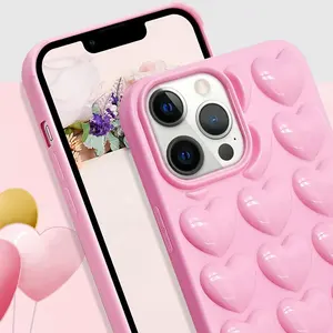 Anti Scratch Kawaii Amor Em Forma Capa Traseira Bonito 3D Pop Bolha Coração Mulheres Meninas Casos de Telefone para iphone 15 14 13 Pro Max