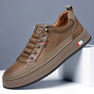 Men's Slip-On Loafers Round Toe Genuine Leather Lining <b>Rubber</b> Outsole Breathable Solid Color Casual Shoes Strip Shoe Tongue Logo - Product Image 1