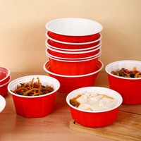 Bol jetable en plastique bicolore rouge et blanc de calibre 150, récipient alimentaire à emporter avec différents couvercles pour la livraison de repas