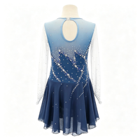 Robe de patinage et de danse bleu marine dégradé pour enfants et adultes, à manches longues en maille, dos diagonal orné de strass, pour compétition et spectacle de patinage sur glace