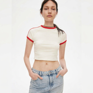 Camiseta de Verano Casual para Mujer, Corte Ajustado, Cuello Redondo, Manga Corta, Diseño Color Block, Tejido de Punto, 100% Algodón, Transpirable - Product Image 1