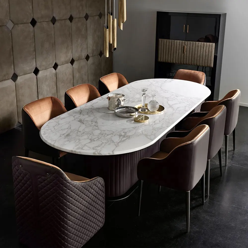 Lüks İtalyan deri yemek yemek masası ve sandalyeler 6 lüks yemek sandalyeleri modern mermer yemek odası mobilyası masa seti