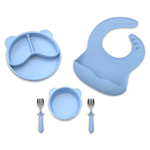 Silicone Baby Feeding <b>Set</b> With Bowl Plate Bib Fork Spoon Light Blue 0-12 Months - Product Image 4