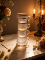 Ensemble de 9 tasses à café en verre de style campagnard sans BPA, avec couvercles en bambou, cuillères en cuivre, support en acier inoxydable, décoration de table pour la maison et la cuisine