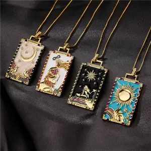 INS Wind Hip Hop Tribal cuivre Micro incrustation goutte d'huile Zircon pendentif bijoux rectangulaire arc-en-ciel Tarot carte collier