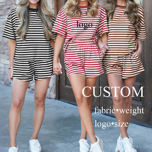 2026 Women Custom logo Fashion Casual Sports 100% Cotton Gym Crew Neck Striped Two Piece <b>Set</b> - Product Image 1