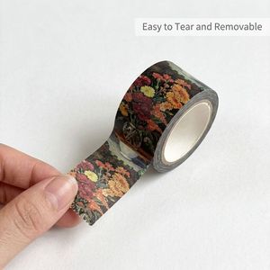 Ruban Washi Effet Peinture à l'Huile Vintage Foncé 25mm, Bordure <span class=keywords><strong>Perforée</strong></span>, Motif Floral Nature Morte, pour Décoration DIY Scrapbook, Journal et Agenda - Product Image 1