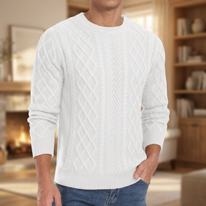 Pull en tricot torsadé blanc pour homme, manches longues, motif géométrique, vêtement d'hiver, coupe classique, 100% acrylique - Product Image 3