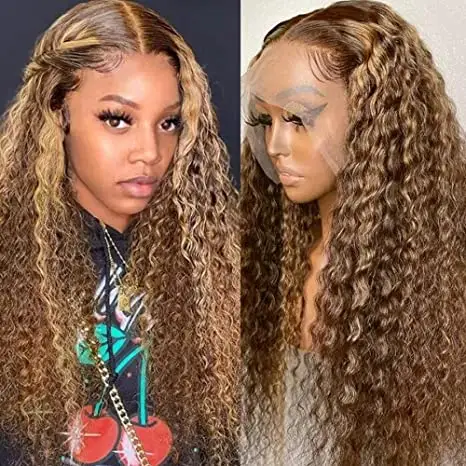 13x6 Blonde Highlights Frontal Wig Brown Highlighted Human Hair 360 Full Lace Wigs Deep Wave Curly Highlight Hd Lace Front Wig