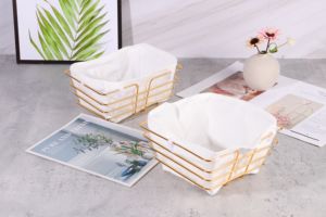 Cestino di <span class=keywords><strong>vimini</strong></span> dorato in metallo all'ingrosso stoccaggio domestico con manici panno per la decorazione domestica - Product Image 3