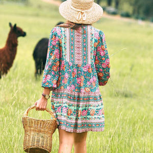ชุดเดรสยาวพิมพ์ลายดอกไม้สำหรับผู้หญิงวินเทจชุดเดรสลำลองผ้าชีฟองคลุมเข่าแขนพองแฟชั่<span class=keywords><strong>น</strong></span><span class=keywords><strong>ล่าสุด</strong></span>สำหรับฤดูร้อ<span class=keywords><strong>น</strong></span> - Product Image 2