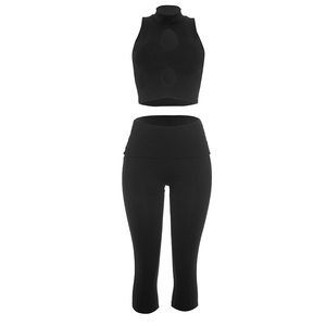 Viviblook J26ST187 Women Summer Set Solid Color Hollow Crop Tank Top Cropped Pants Two Piece Set - Product Image 5