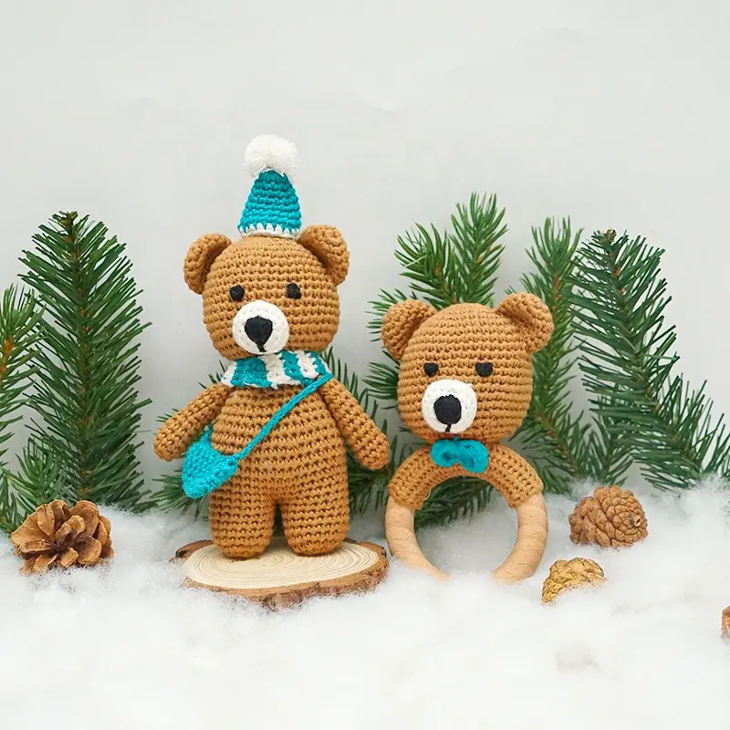 सीधे निर्माण हस्तनिर्मित भालू लकड़ी Teether खिलौना Crochet खड़खड़