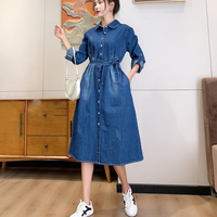 Automne Nouveau Style Denim Lavage Avec Ceinture Poche Latérale Robe Chemise À Manches Longues
