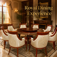 Ensemble de table à manger ronde de luxe 8 places en placage de bois doré, style classique européen pour salle à manger de villa