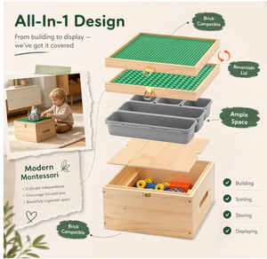 Caja de Almacenamiento de Madera para <span class=keywords><strong>Lego</strong></span>, Base de Construcción de Doble Cara con Tapa, 5 Compartimentos Extraíbles, Organizador de <span class=keywords><strong>Ladrillos</strong></span> <span class=keywords><strong>Duplo</strong></span> - Product Image 4