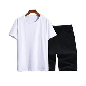 Custom Logo Cotton Summer Suit Street Wear Printing White Shirt Short Sleeve T-shirt Black Shorts Tracksuits 2 Pieces Men Set