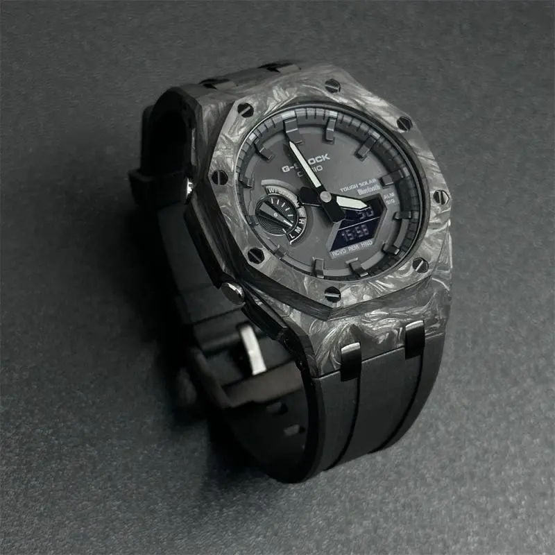 Gshock ชุดดัดแปลงโลหะปลอกแขนยาง Ga2100, เคสนาฬิกาคาร์บอนไฟเบอร์หัวเข็มขัดผีเสื้อสำหรับ G SHOCK GA 2100 MOD Casio