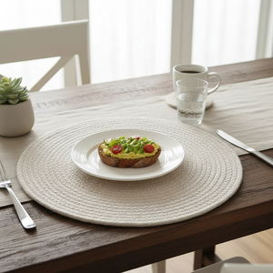 Modern White Solid Eco-Friendly <b>Round</b> Cotton <b>Placemats</b> with Braided Design Machine Made Customizable for Home Use - Product Image 3