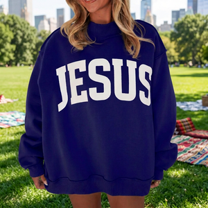 Sweat-shirt ample pour femme avec motif Jésus, impression en relief de haute qualité, col montant, style universitaire, streetwear, vente en gros - Product Image 2