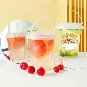 24oz 32oz Fruits Cups Bucket PP Plastic Drink Cups 700ml 1000ml Boba Milk Tea Beer Cup with Handle