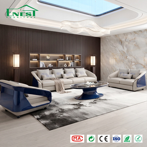 Collection de canapés et causeuses de luxe haut de gamme style <span class=keywords><strong>Bugatti</strong></span>, en cuir bleu profond et crème, mobilier sur mesure complet pour toute la maison - Product Image 2