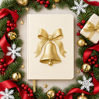 Carnet A5 personnalisé de Noël avec couverture rigide, ruban, motif cloche ivoire, reliure cousue, estampage à chaud doré, 80 feuilles de papier, impression numérique, cadeau d'entreprise