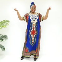 Boubou africain en coton avec imprimé géométrique bleu et col rond décoratif KT1116-518FY