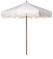 Sombrilla de Playa Vintage con Borde Festoneado, Parasol de Madera con Rayas de Cabana, Inclinable y con Bolsa de Transporte, Estilo Boho para Vacaciones