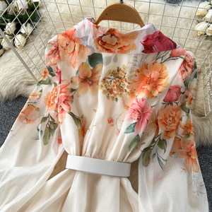 Abito midi floreale da donna: <span class=keywords><strong>vestito</strong></span> lungo in chiffon <span class=keywords><strong>a</strong></span> trapezio con maniche <span class=keywords><strong>a</strong></span> sbuffo e collo <span class=keywords><strong>a</strong></span> revers, con cintura <span class=keywords><strong>a</strong></span> <span class=keywords><strong>fiori</strong></span>, elegante abito da festa primaverile/estivo - Product Image 3
