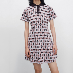 Vestido Mini de Mujer, Manga Corta, Cuello Polo, Tejido, Diseño a Cuadros Vintage, Casual, para Fiesta, Trabajo, Verano - Product Image 1