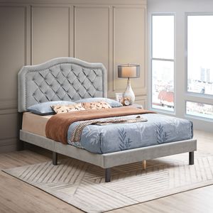 Queen Gray Velvet Upholstered <b>Bed</b> with Button Tufted Curve Design Easy Assembly Strong <b>Wood</b> <b>Slat</b> Support - Product Image 1