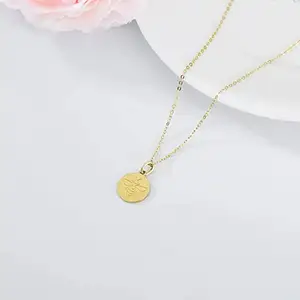 Colar de moedas de ouro 14k puro, colar de pingente, pequeno, bonito, de abelha, moeda lucky, adequado para homens, irmãs