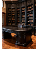 Bureau de direction en noyer noir sculpté et courbé, style rétro américain, avec double armoire de grande capacité, design personnalisé