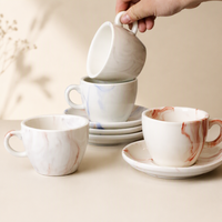 Ensemble de 3 tasses à thé et soucoupes en porcelaine à motif marbré vert, bleu, rose – Tasses à café colorées pour la maison, le thé de l'après-midi, cadeau de table