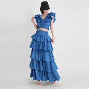 TWOTWINSTYLE Wholesale 2 Piece Sets V Neck Butterfly Sleeve Folds Crop Tops Tierred Pleated Skirt Summer Sets For Women