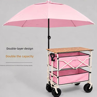 Chariot de marché pliable double couche rose avec table dédiée, idéal pour le camping, les marchés nocturnes et les événements commerciaux en extérieur, avec protection solaire intégrée
