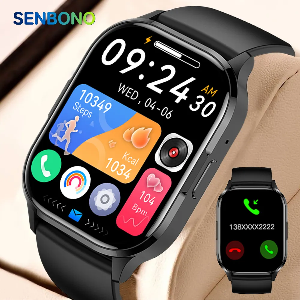 SENBONO 2023 Homens Mulheres quadrado Smartwatch AMOLED Sempre Em Exibição Rastreador De Fitness À Prova D 'Água BT Call Smart Watch Para IOS Android