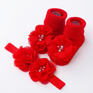 Handmade Pearl Flower <strong>Headband</strong> and Crew Sock Set for <strong>Babies</strong> Pure Color Breathable Knitting Cross-Border Design - Product Image 4