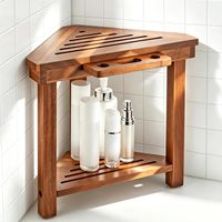 Banc de douche d'angle en bois d'acacia imperméable avec repose-pieds et étagère de rangement pour la salle de bain, idéal pour se raser les jambes