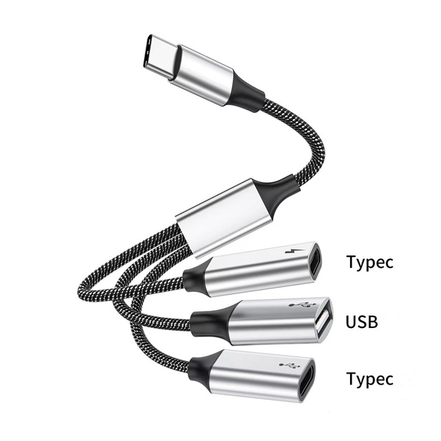 60W PD Fast Charging USB C Hub, Nylon Braided Type C to USB a + Dual USB C Splitter for U Disk, Keyboard, Mouse 3 in 1 USB C Hub
