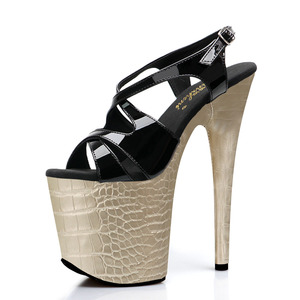 Sandalias de Tacón Grueso con Textura de Cocodrilo para Mujer, 20 cm, 8 Pulgadas, Negras Brillantes, Punta Abierta, Plataforma, para Espectáculos, <span class=keywords><strong>Pasarela</strong></span>, Moda - Product Image 3