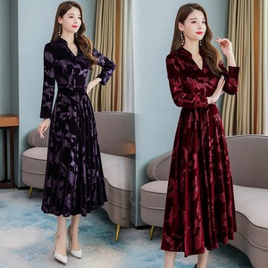 Donne vintage con scollo a v manica lunga inverno <span class=keywords><strong>midi</strong></span> casuale abito di <span class=keywords><strong>velluto</strong></span> della signora - Product Image 5